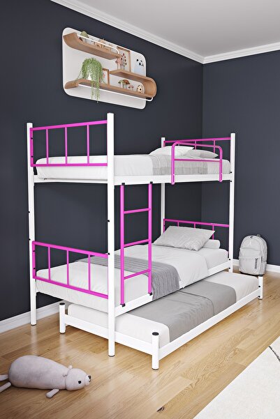 FANO Tekno Yavrulu Ranza 90x190 Yatak Uyumlu 3 Kişilik Koyu Pembe Metal Ranza...