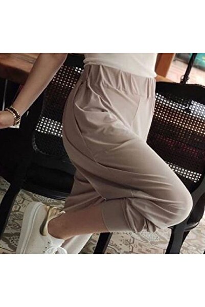 Bright3 Krem Camel Kadın Şalvar Beli Lastikli ve Paçaları Manşetli