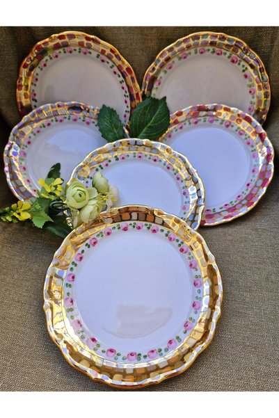BY.RAYKA PORSELEN El Dekor Stained Glass Porcelain Hand-Painted 6-Piece Cake Plate Set