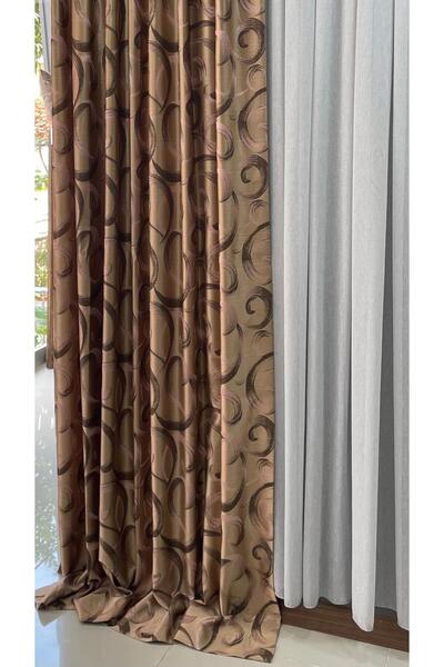 MÇ HOME Hazır Dikilmiş Kahverengi Pembe Desenli Fon Perde 150 x 260