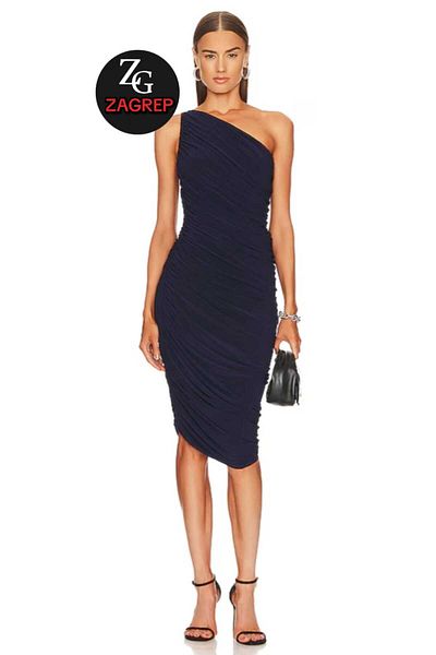 Zagrep Navy Blue One Shoulder Midi Dress - Asymmetrical Collar, Draped and Gathered
