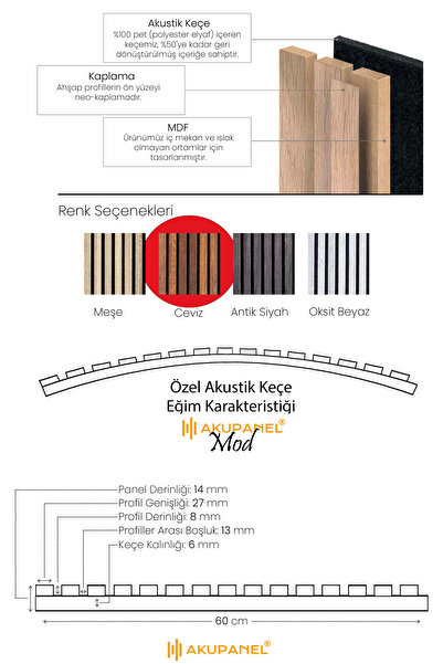 Akupanel Mod14 60x245 Cm Ceviz Rengi Akustik Ahşap Duvar Paneli