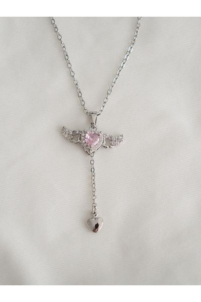 Planet Butik Rosa Steel Transparent Heart Winged Rocking Necklace