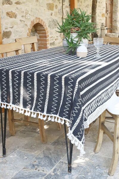 vivamaison Navy Blue Colored Cotton Lace Tablecloth - Tasseled Knitted Design