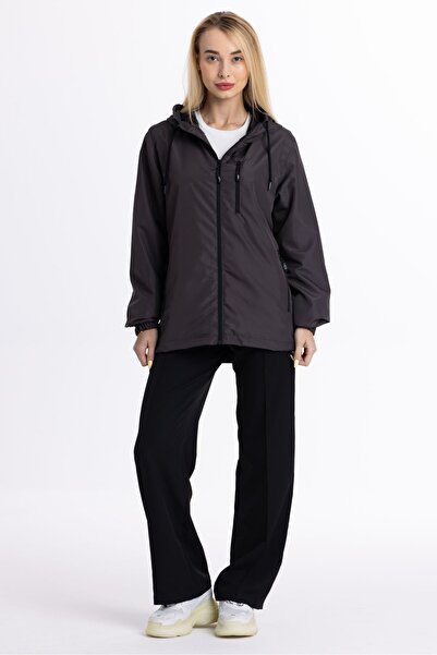 Goccix Жіночий вітрозахисний плащ з капюшоном та кишенями на підкладці антрацитового кольору