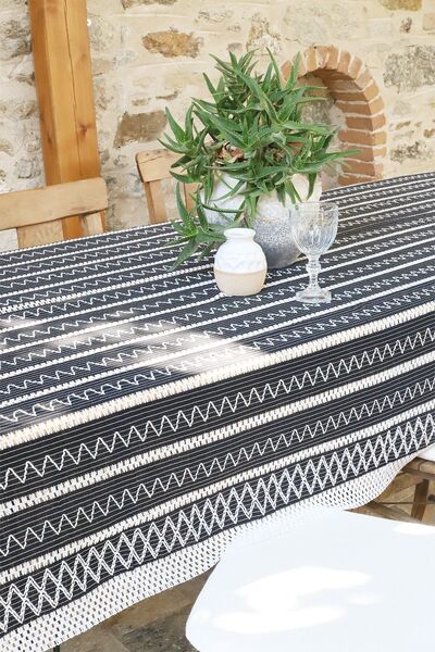 vivamaison Navy Blue Colored Cotton Lace Tablecloth - Tasseled Knitted Design