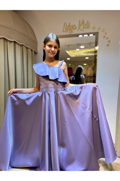 Kanilla Tek omuz volanlı saten uzun abiye