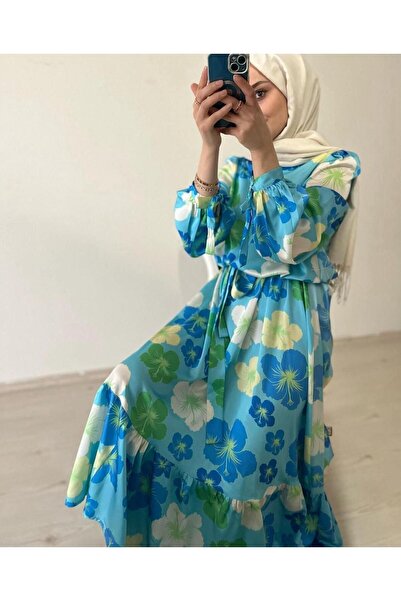gül sezgin butik Fushya Kadın Mavi Çiçekli Kol Bağcık Tasarımlı Saten Tesettür Elbise