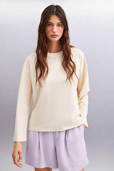 GRIMELANGE Basıl Γυναικείο Oversize 100% Οργανικό Βαμβάκι Πλεκτό Μακρυμάνικο Μπεζ T-shirt