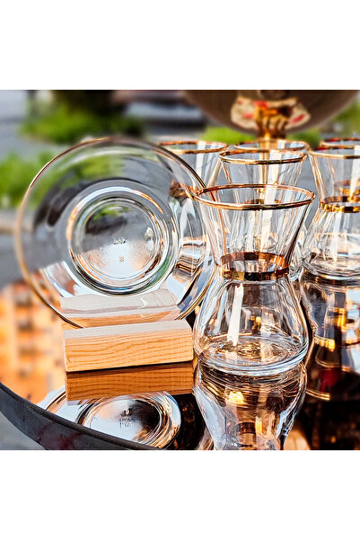 SEÇKİNEV طقم شاي باشابجي 12 قطعة ذهبي اللون - ديكور يدوي زجاجي