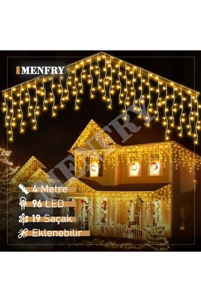 MENFRY 16 Saçaklı 4 Mt Dekoratif 96 Led Işık Sarkıt Sarı Renk Ip Perde