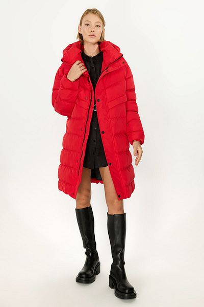 Caghla Red Puffer Parka - Hooded, Water and Windproof, Fiber Filled Long Winter Coat