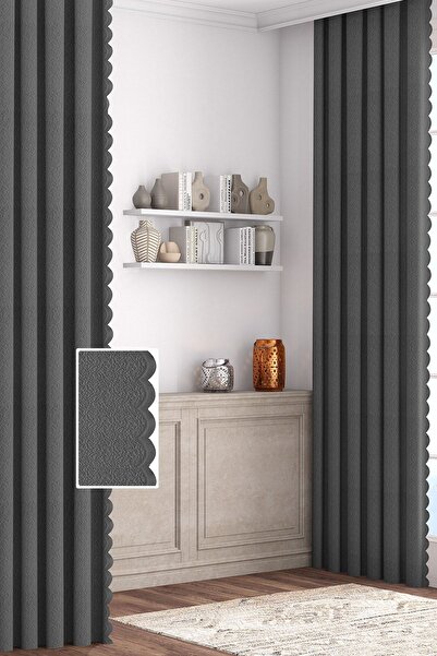 Altındaş Tekstil Modern Jakar Tül Fon Perde (pileli) Tek Kanat Antrasit Tlf-02