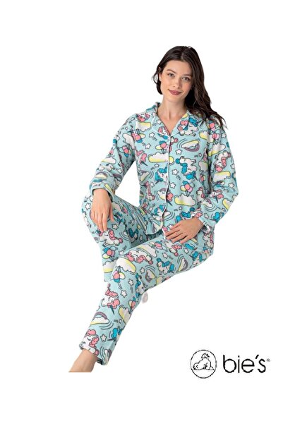 bie's Kadın Unicorn Gömlek Yaka Önden Düğmeli Kışlık Polar Uzun Kol Pijama Takımı - Dar Kalıp