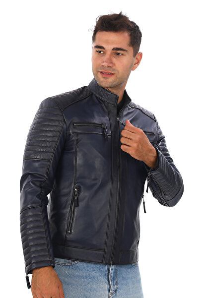 db deriburada original Men's New Biker Model Navy Blue Genuine Leather Coat