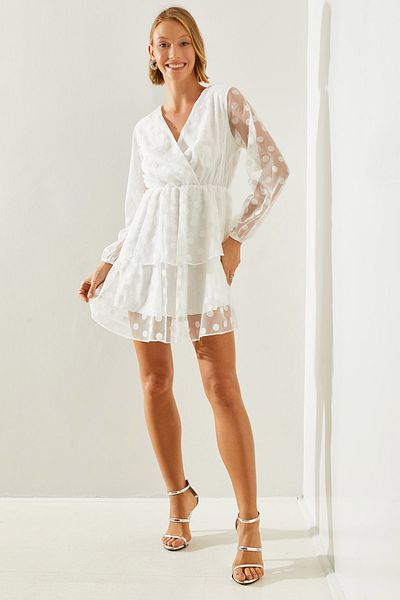 Bianco Lucci Damenkleid mit Lagenrock aus Tüll mit Tupfen und Wickelkragen – 21165 60251645