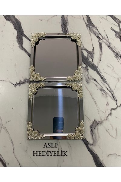 Aslı Hediyelik SiLver FLower Patterned 2-piece Luxury Square CoatinG Model - Tea, Coffee, Treat ServinG Presentation Tray 21x21