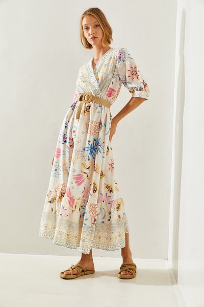 Bianco Lucci Floral Patterned Straw Belt Dress - Wrap Collar, Elastic Waist 22164 60251646