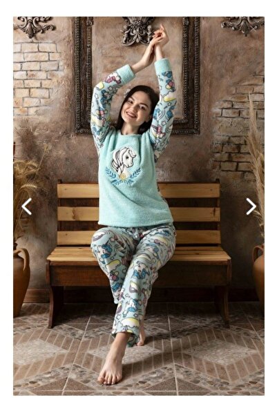 bie's Kadın Su Yeşili Unicorn Düğmesiz Kışlık Wellsoft Polar Uzun Kol Pijama Takımı - Dar Kalıp