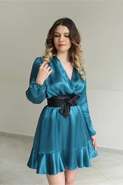 Faselle Deri Kemerli Petrol Rengi Saten Elbise