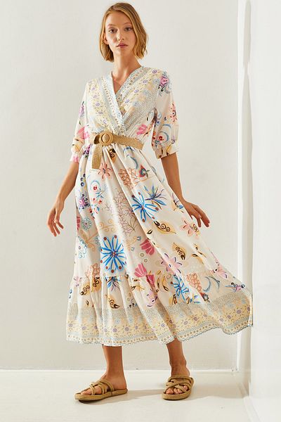Bianco Lucci Floral Patterned Straw Belt Dress - Wrap Collar, Elastic Waist 22164 60251646