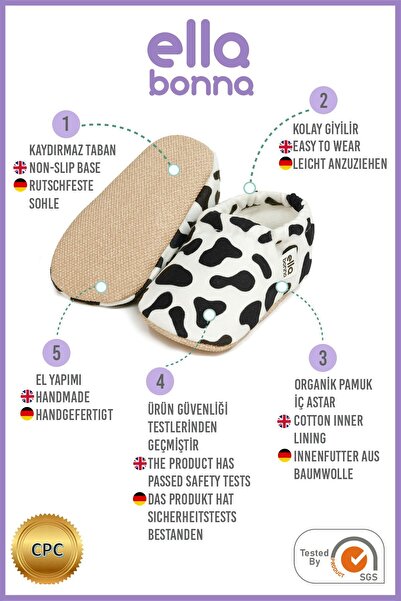 Ella Bonna Protiskluzová podrážka Cow Kojenecké boty, domácí boty Pantofle Boty do školky Pantofle