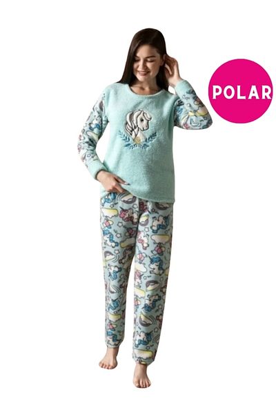 bie's Set de pijamale cu imprimeu unicorn verde apă pentru femei - fleece Wellsoft, mânecă lungă, strâns