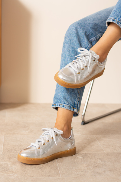 KOTAN Silver Thick Laced Leather Look Women's Sneakers - Comfortable Sports Shoes