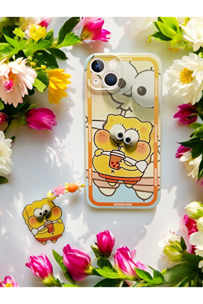 Spoyi iPhone 15 Sünger Bob Tasarımlı Charmlı Telefon Kılıfı