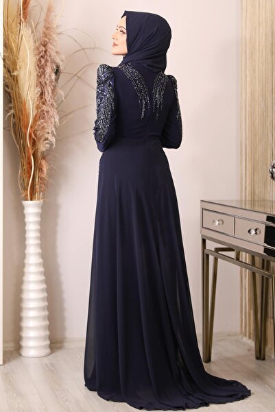 Fashion Showcase Boncuk İşlemeli Önü Piliseli Abiye Tesettür Uzun Şifon Tulum - Lacivert