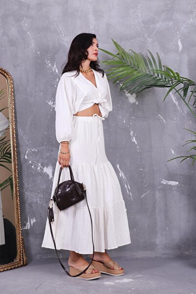 ZEYWEAR Balloon Sleeve Skirt Linen Suit