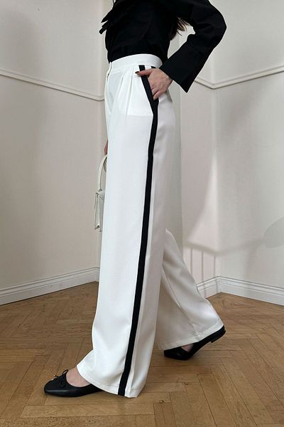 MAGARDE White Palazzo Trousers - Stripe Detailed