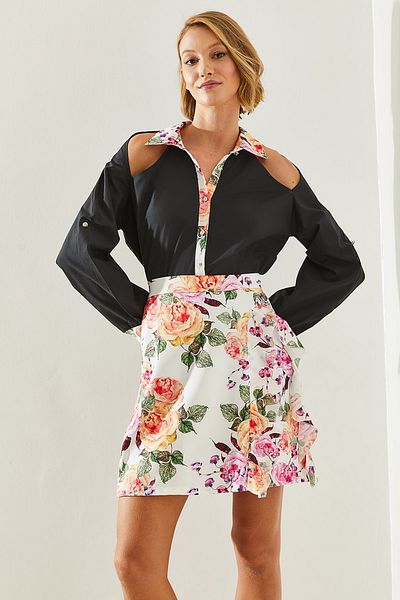 Bianco Lucci Floral Patterned Women's Shirt and Top Set - Decollete Detailed, Model 21351 60251653
