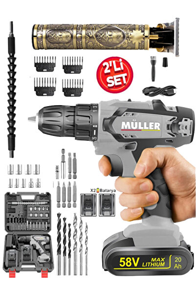 Müller Germany 58 V 20 Ah Çift Akülü Vidalama Matkap Pratik Usb Şarjlı Saç Sakal Tıraş Makinesi Set