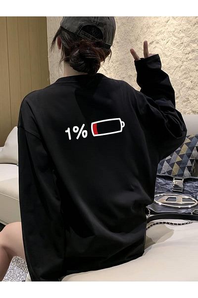 Touz Moda Μαύρο φούτερ Unisex Oversize - Crew Neck, Back Print, Low Battery
