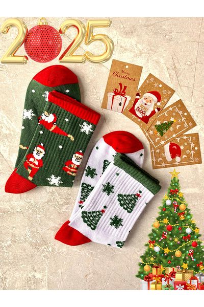 Sky Socks Комплект от 2 унисекс памучни чорапи за тенис на колежа с елха и Дядо Коледа