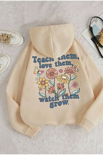 Benisengiydir Beige Oversize Hooded Women's Sweatshirt - Teach