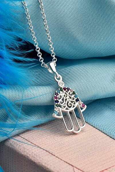jelux silver Gümüş 925 Ayar Fatıma Eli Model Mix Renkli Taşlı Kolye