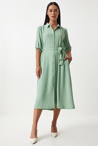 Lovelyİstanbul Çağla Green Belted εποχιακό πουκάμισο φόρεμα - Ldd0006