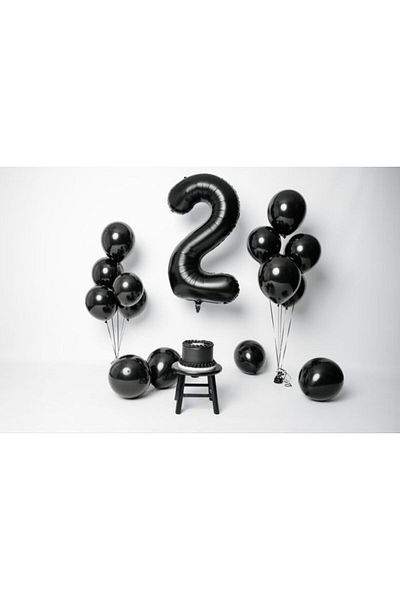 MERİ PARTİ Black 2 Year Old Foil Ballon Black Latex Ballon Black Figure Ballon 15 Pieces Black Ballon Set