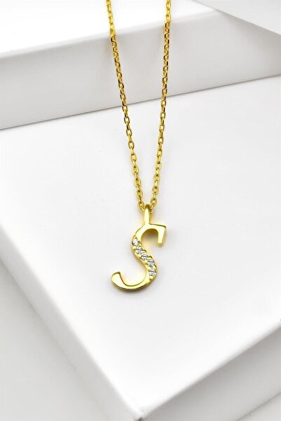 jelux silver Gümüş 925 Ayar Zirkon Taşlı Gold Harf Kolye S