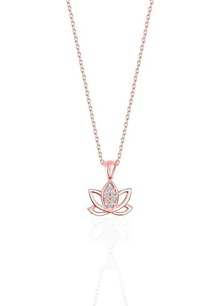 jelux silver Gümüş 925 Ayar Zirkon Taşlı Lotus Çiçeği Model Rose Kolye