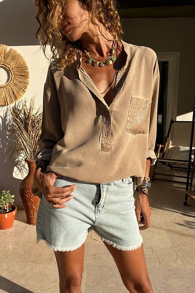Güneşkızı Bronze Color Sequin Pocket Blouse - Half Placket Washed RSD1169