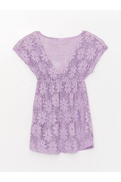 LC Waikiki Lcw Dream V-Ausschnitt Spitze Kurzarm Strandkleid für Damen