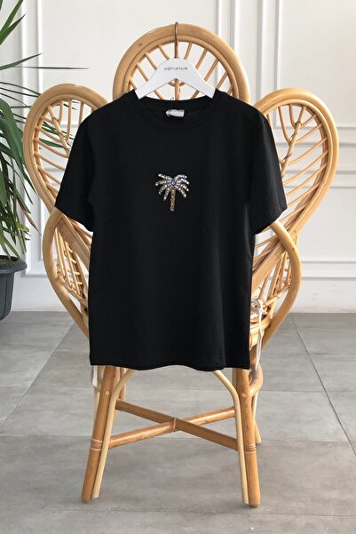 Yağmur Butik Tricou imprimat cu piatră de palmier cu gât