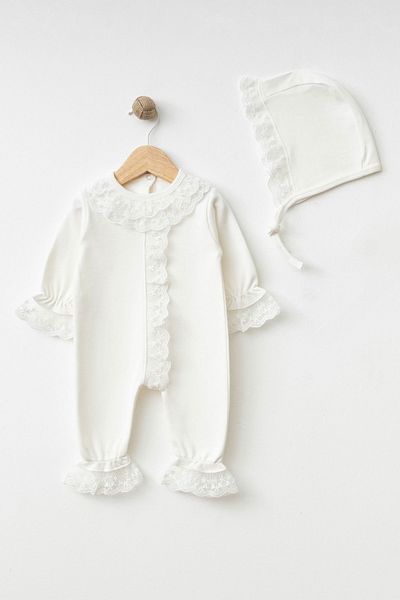 BABYLİM Ecru Baby Girl Mawlid Jumpsuit Set - 100% Cotton, Elegant Lace Detail