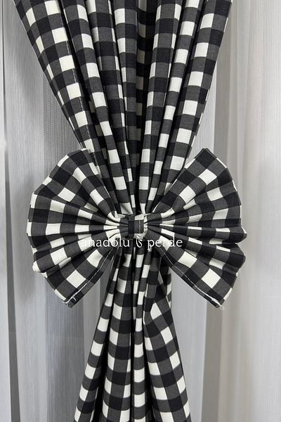GLOMAR Panama Linen (duck) - Kitchen Curtain, 1/3 Gingham Pattern, Rustic Short Background with Barbecue