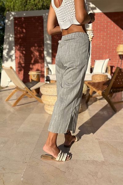 Güneşkızı Black Linen Capri Pants - Elastic Waist, Pocket and Slit Bst3404