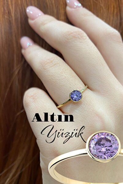 Hepimitu Ametist Renkli Altın Tektaş Yüzük