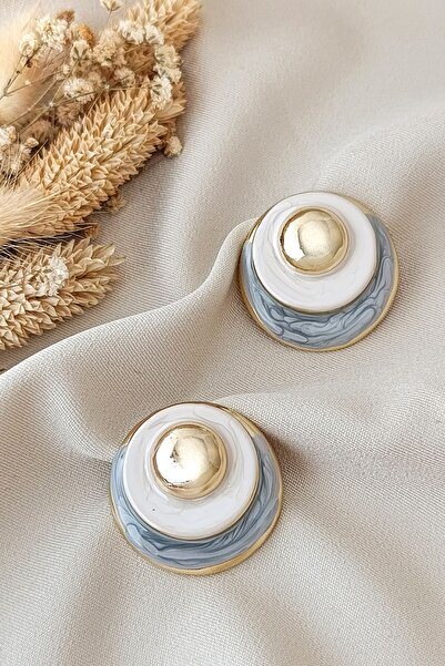 COSİTA Gold Colored Filled Gray Cream PaStel Large EarringS - Sequential and Round
